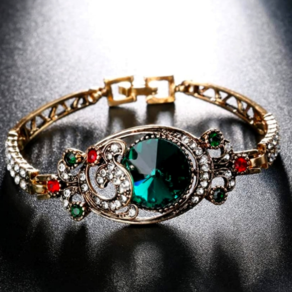 Gold, Emerald & Crystal Bohemian Style Bangle Bracelet NWT